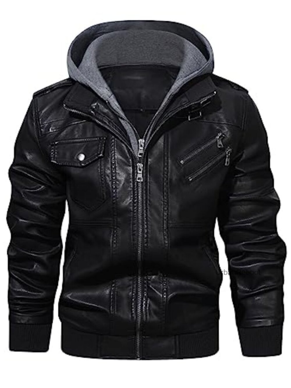 Men's PU Faux Leather Zip-Up Motorcycle Bomber Jacket Removable Hood